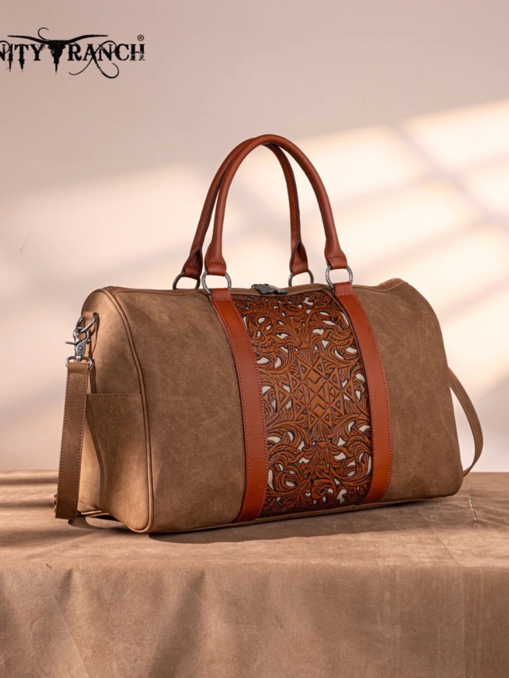 Trinity Ranch Floral Aztec Tooled Collection Weekender Bag Brown - Picture 2 of 8